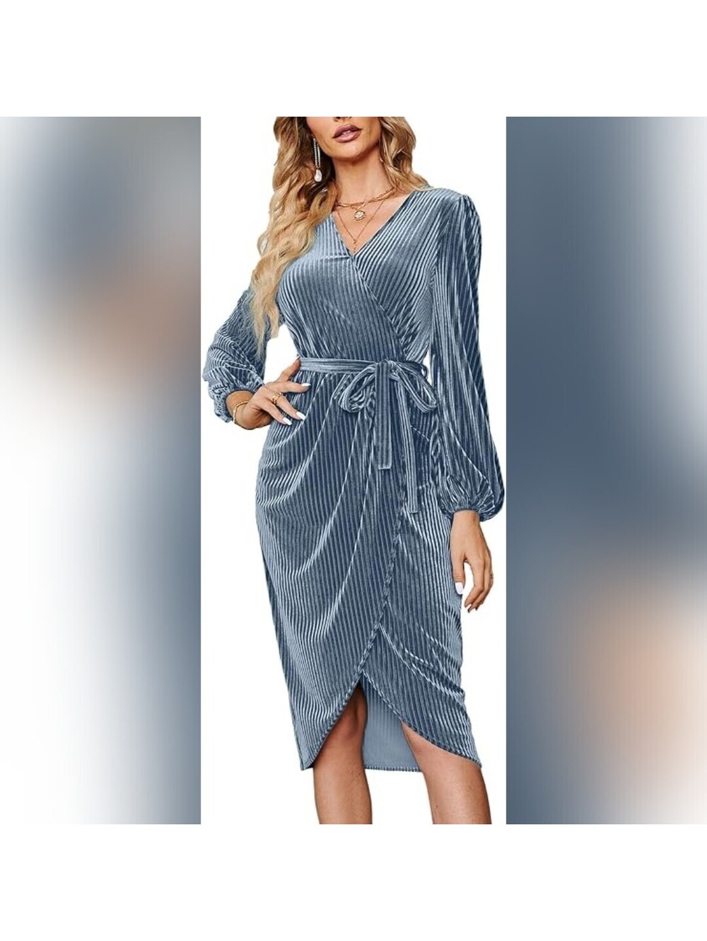 NWT Merokeety Women’s Blue Velvet Wrap V-Neck Long Sleeve Midi Dress, Small